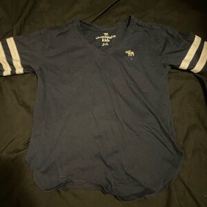 abercrombie kids navy v-neck tee with gray sleeve stripes